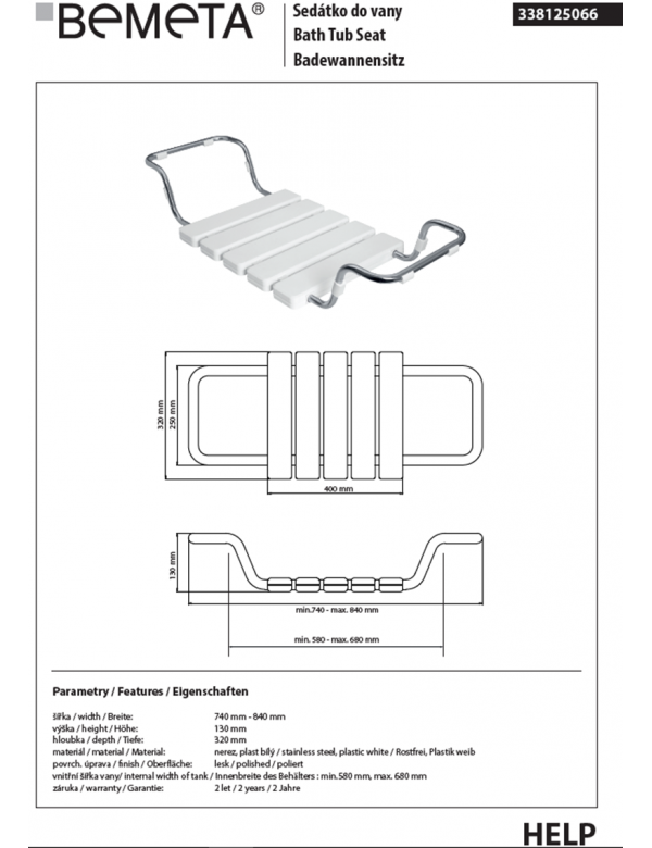 HELP Sedile Vasca Rimovibile e Regolabile 74x32x13cm in Acciaio Inox