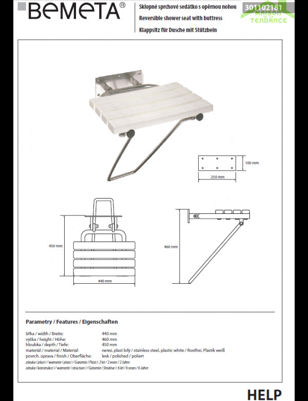 Sedile doccia ribaltabile con gamba di sicurezza in acciaio inox