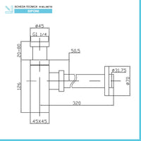 Sifone lavabo a canna quadrata cromato completo di piletta click clack universale