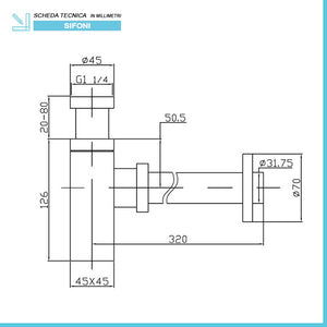 Sifone lavabo a canna quadrata cromato completo di piletta click clack universale