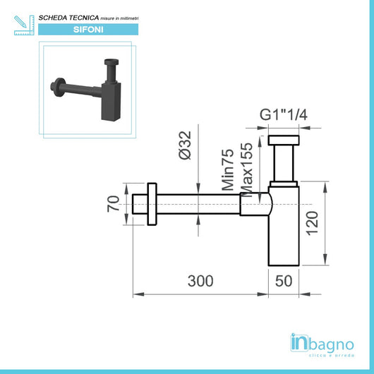 Sifone lavabo a canna quadrata nero opaco completo di piletta click clack
