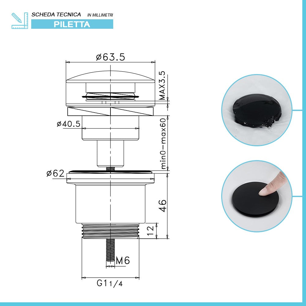 Sifone lavabo a canna quadrata nero opaco completo di piletta click clack