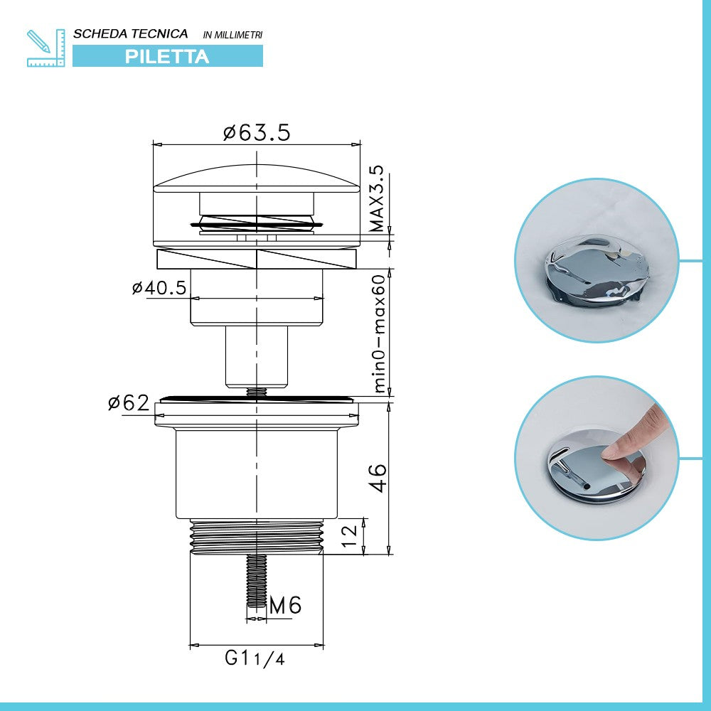 Sifone lavabo a canna tonda cromato completo di piletta click clack universale