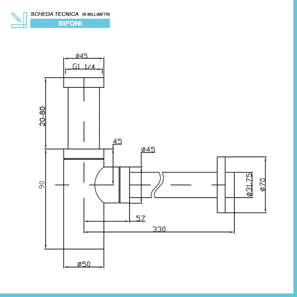 Sifone lavabo a canna tonda cromato completo di piletta click clack universale