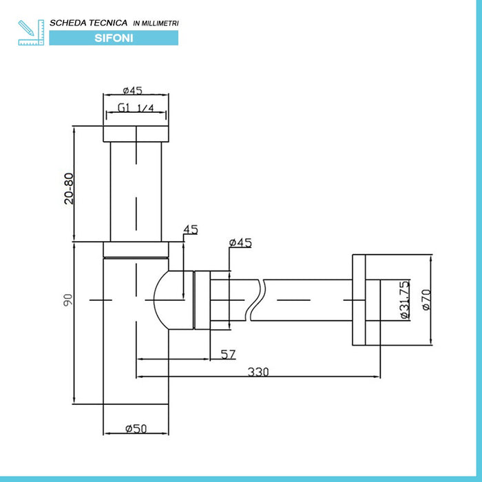 Sifone lavabo a canna tonda cromato completo di piletta click clack universale