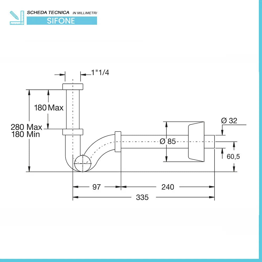 Sifone lavabo e bidet ad S attacco 11/4 ispezione laterale