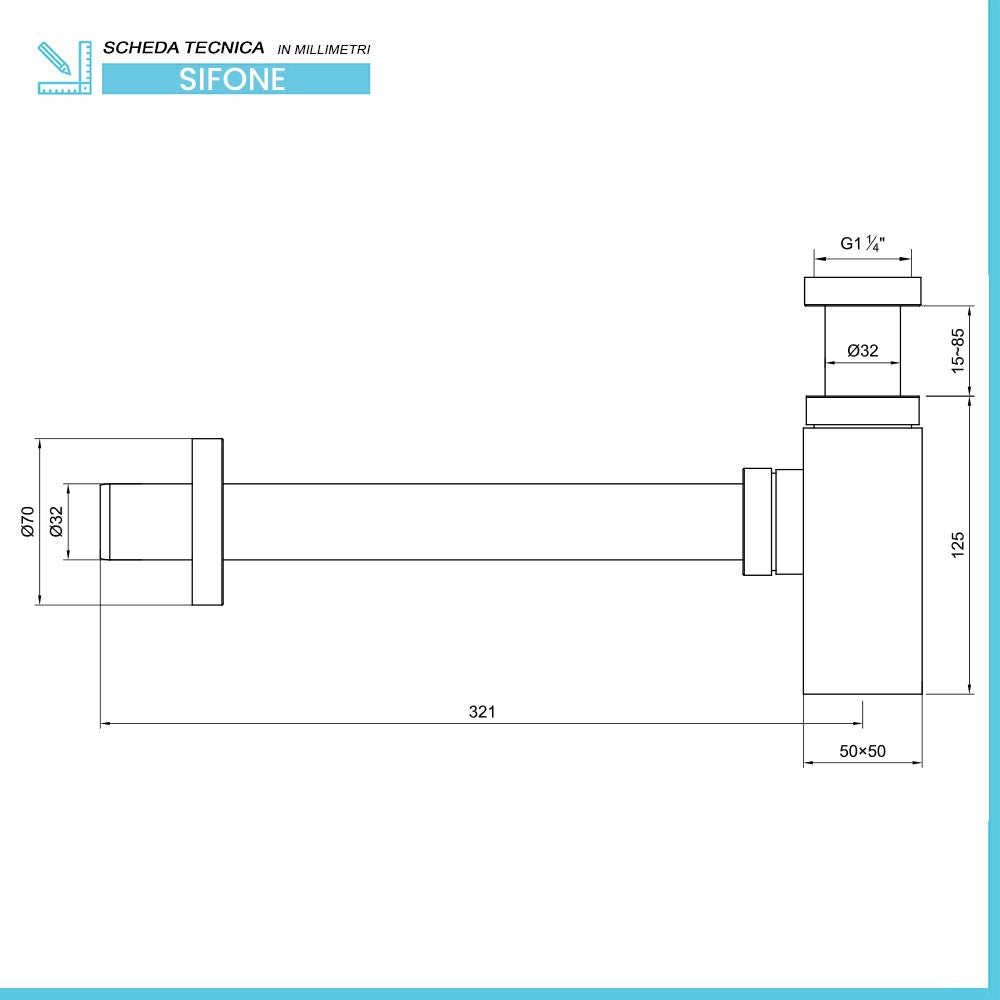 Sifone quadrato in ottone cromato 11/4 per lavabi dappoggio o sospesi