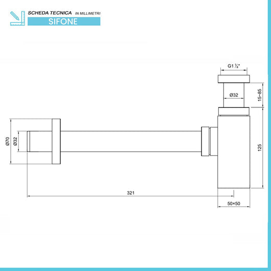 Sifone quadrato in ottone cromato 11/4 per lavabi dappoggio o sospesi