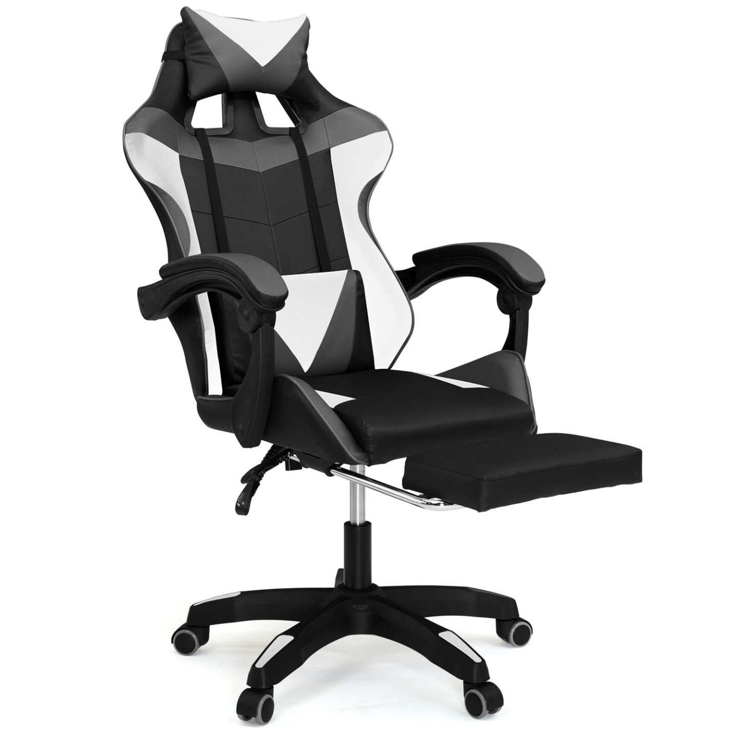 IDMarket - Silla de juego ALEX regulable con reposapiés, reposacabezas y cojines lumbares en negro, blanco y gris