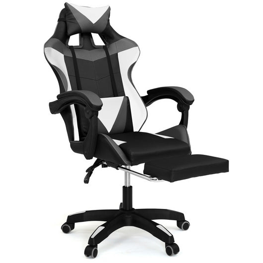 IDMarket - Silla de juego ALEX regulable con reposapiés, reposacabezas y cojines lumbares en negro, blanco y gris