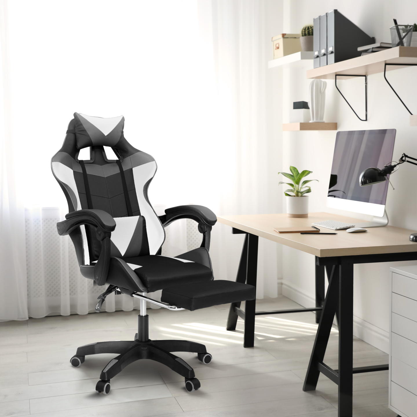 IDMarket - Silla de juego ALEX regulable con reposapiés, reposacabezas y cojines lumbares en negro, blanco y gris