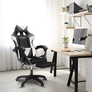 IDMarket - Silla de juego ALEX regulable con reposapiés, reposacabezas y cojines lumbares en negro, blanco y gris