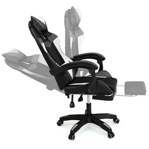 IDMarket - Silla de juego ALEX regulable con reposapiés, reposacabezas y cojines lumbares en negro, blanco y gris