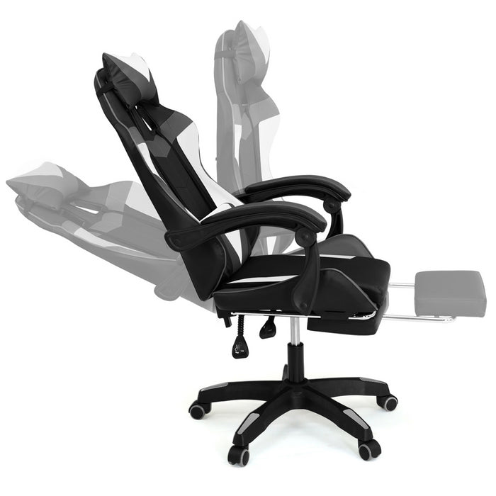 IDMarket - Silla de juego ALEX regulable con reposapiés, reposacabezas y cojines lumbares en negro, blanco y gris