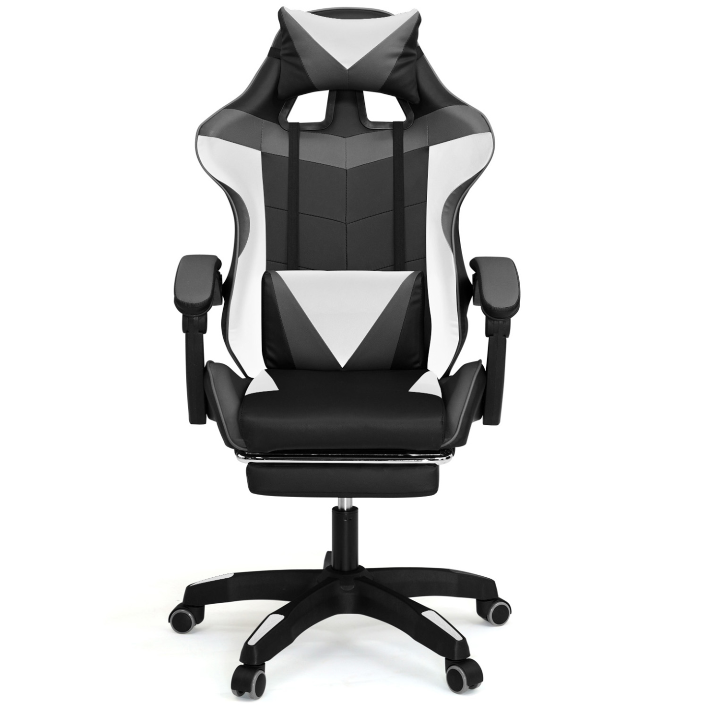 IDMarket - Silla de juego ALEX regulable con reposapiés, reposacabezas y cojines lumbares en negro, blanco y gris