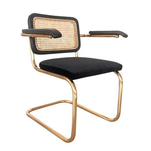 LÚZETE - SILLA WEBSTER CON REPOSABRAZOS NEGRA RATTAN NATURAL PATAS DORADAS