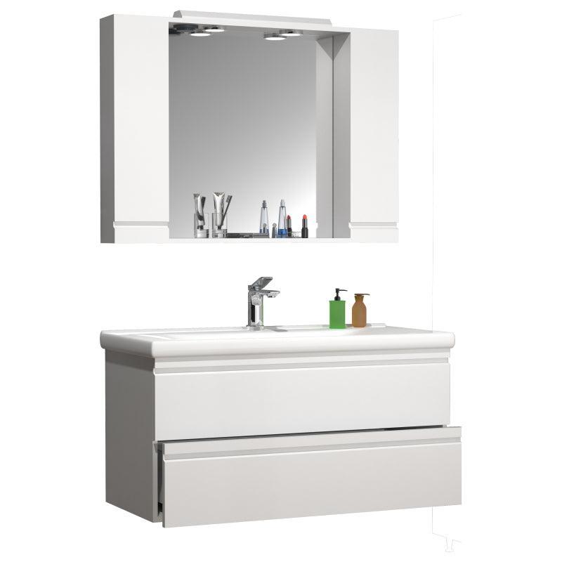 Sistema di Ezooza Set Bagno Completo 3 Pezzi Mobile con Lavabo Extra Large + Pensile a specchio, Bianco ,
