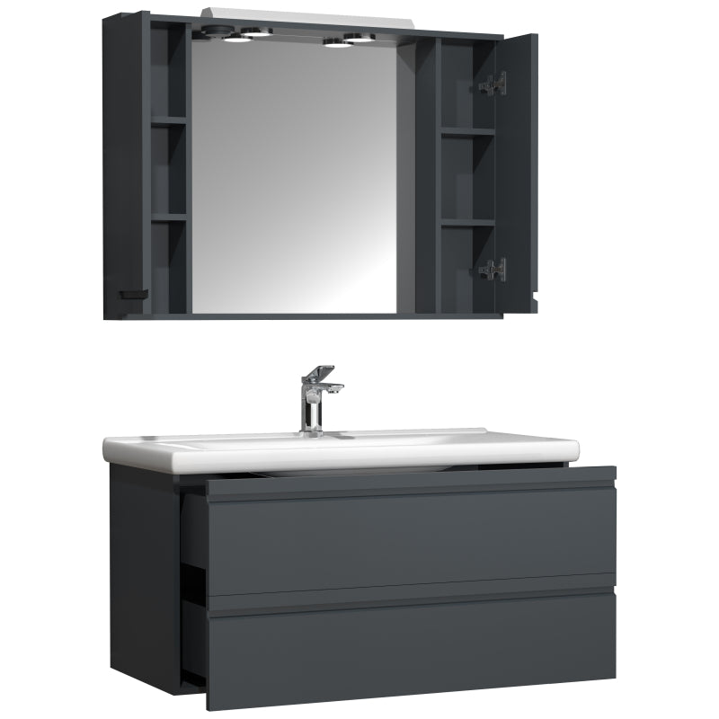 Sistema di Ezooza Set Bagno Completo 3 Pezzi Mobile con Lavabo Extra Large + Pensile a specchio, Antracite ,