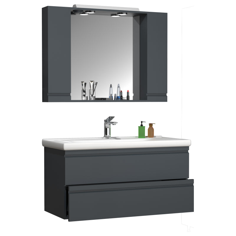 Sistema di Ezooza Set Bagno Completo 3 Pezzi Mobile con Lavabo Extra Large + Pensile a specchio, Antracite ,
