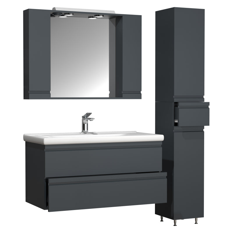 Sistema di Ezooza Set Bagno Completo 4 Pezzi Mobile con Lavabo Extra large + 1 Colonna + Pensile a specchio, Antracite ,