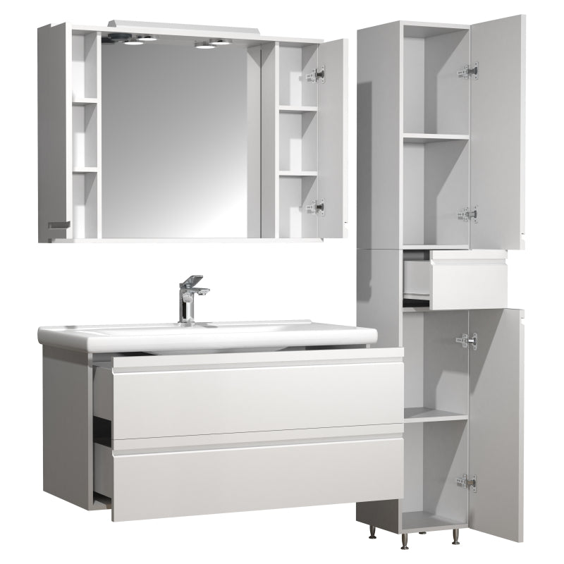 Sistema di Ezooza Set Bagno Completo 4 Pezzi Mobile con Lavabo Extra large + 1 Colonna + Pensile a specchio, Bianco ,