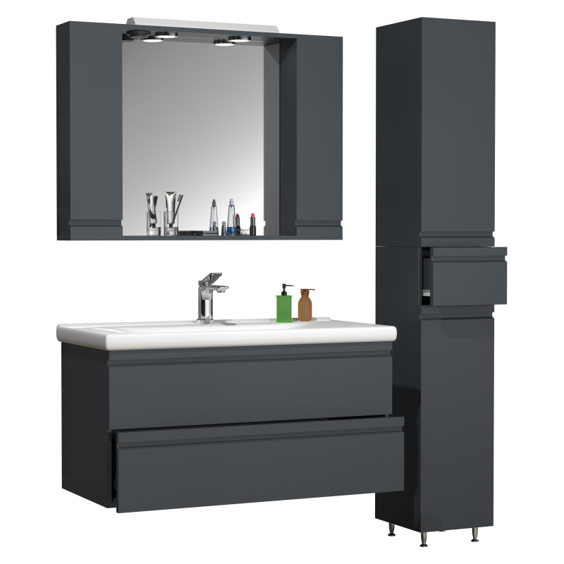 Sistema di Ezooza Set Bagno Completo 4 Pezzi Mobile con Lavabo Extra large + 1 Colonna + Pensile a specchio, Antracite ,