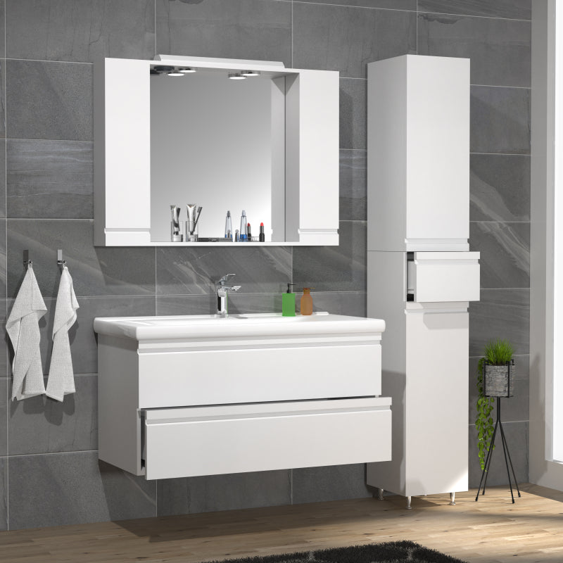 Sistema di Ezooza Set Bagno Completo 4 Pezzi Mobile con Lavabo Extra large + 1 Colonna + Pensile a specchio, Bianco ,