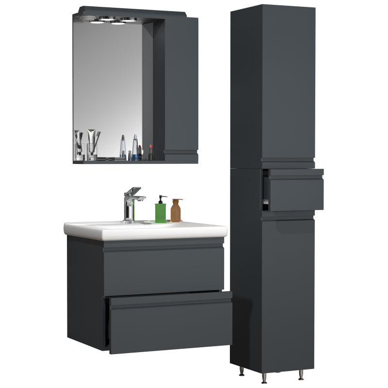 Sistema di Ezooza Set Bagno Completo 4 Pezzi Mobile con Lavabo large + 1 Colonna + Pensile a specchio, Antracite ,