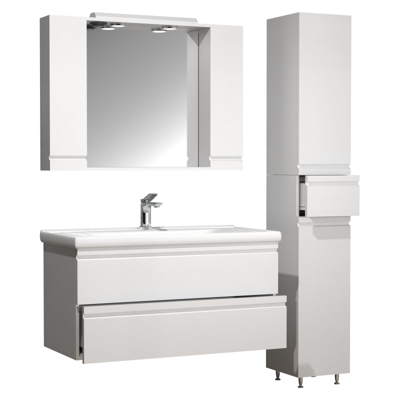 Sistema di Ezooza Set Bagno Completo 4 Pezzi Mobile con Lavabo Extra large + 1 Colonna + Pensile a specchio, Bianco ,