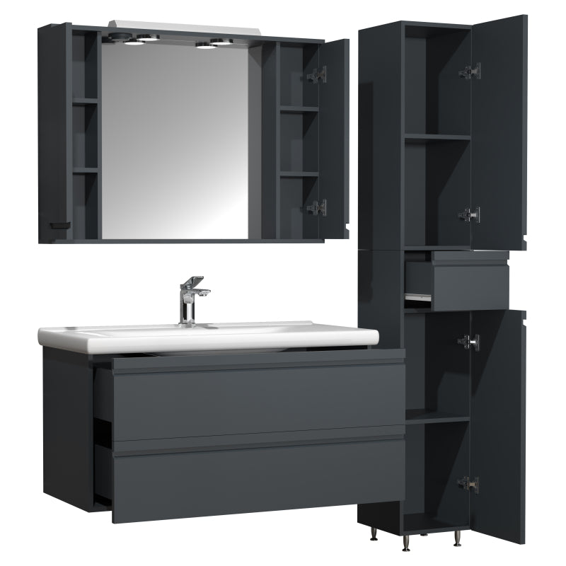 Sistema di Ezooza Set Bagno Completo 4 Pezzi Mobile con Lavabo Extra large + 1 Colonna + Pensile a specchio, Antracite ,