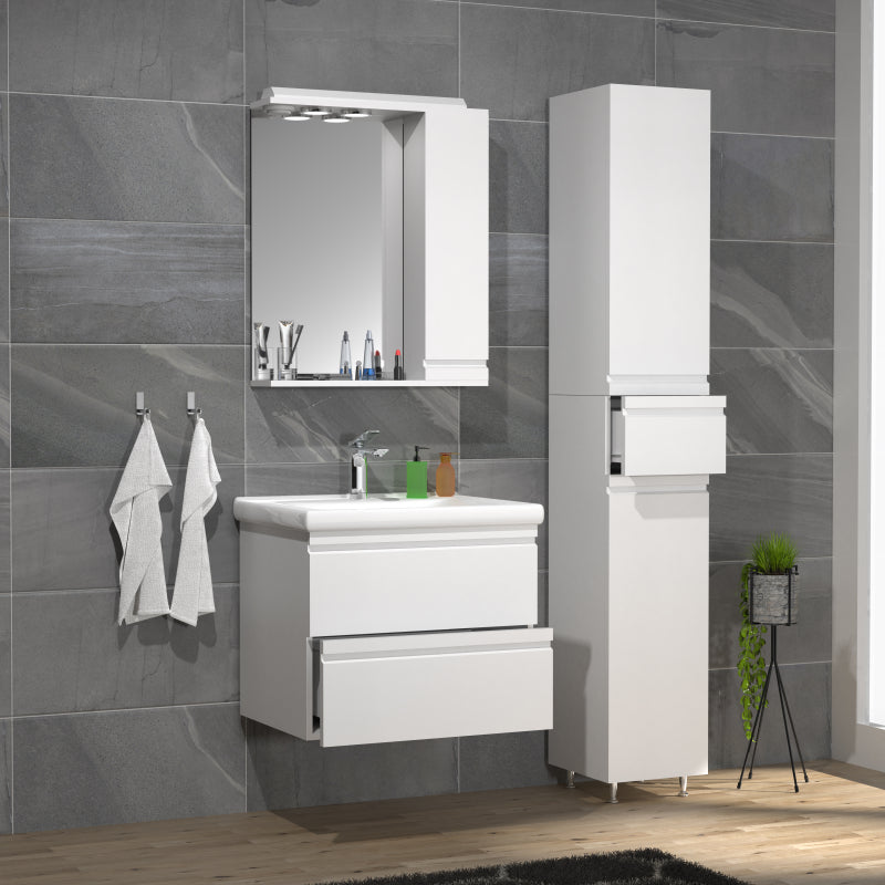 Sistema di Ezooza Set Bagno Completo 4 Pezzi Mobile con Lavabo large + 1 Colonna + Pensile a specchio, Bianco ,