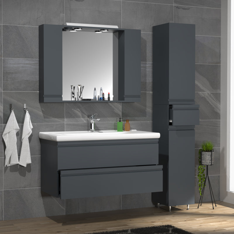 Sistema di Ezooza Set Bagno Completo 4 Pezzi Mobile con Lavabo Extra large + 1 Colonna + Pensile a specchio, Antracite ,