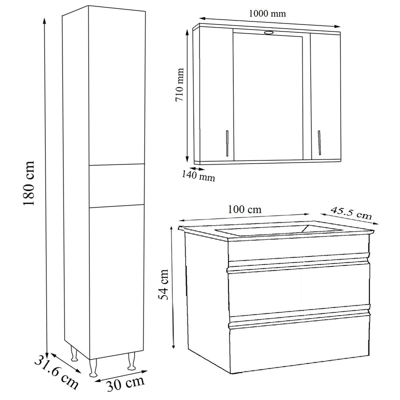 Sistema di Ezooza Set Bagno Completo 4 Pezzi Mobile con Lavabo Extra large + 1 Colonna + Pensile a specchio, Bianco ,