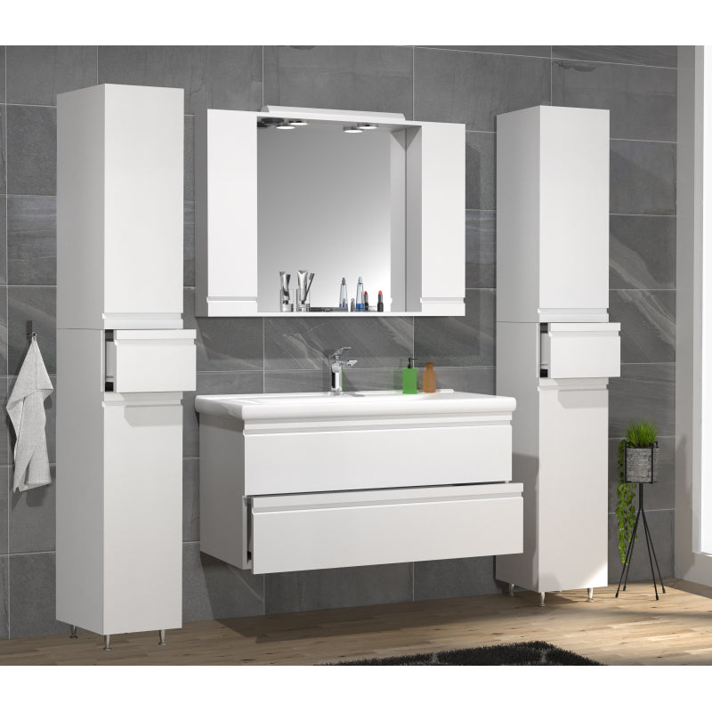 Sistema di Ezooza Set Bagno Completo 5 Pezzi Mobile con Lavabo Extra Large + 2 Colonne + Pensile a specchio, Bianco ,