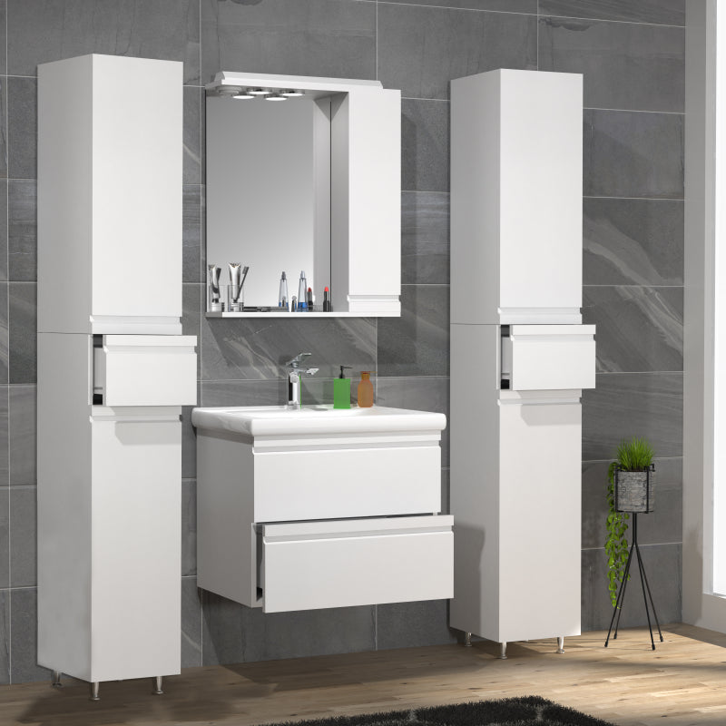 Sistema di Ezooza Set Bagno Completo 5 Pezzi Mobile con Lavabo Large + 2 Colonne + Pensile a specchio, Bianco ,
