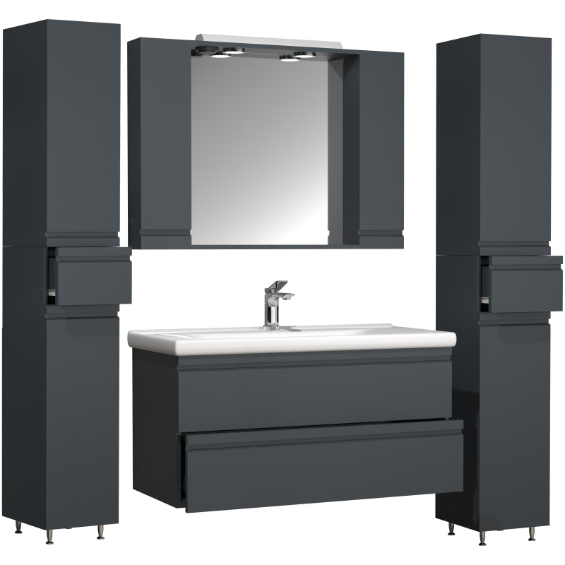 Sistema di Ezooza Set Bagno Completo 5 Pezzi Mobile con Lavabo Extra Large + 2 Colonne + Pensile a specchio, Antracite ,