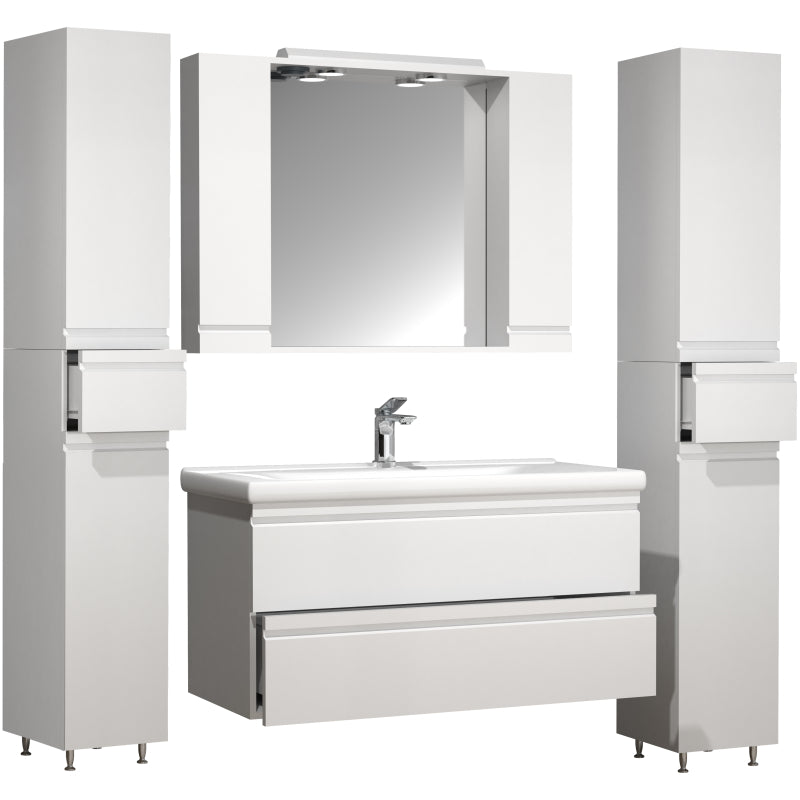 Sistema di Ezooza Set Bagno Completo 5 Pezzi Mobile con Lavabo Extra Large + 2 Colonne + Pensile a specchio, Bianco ,