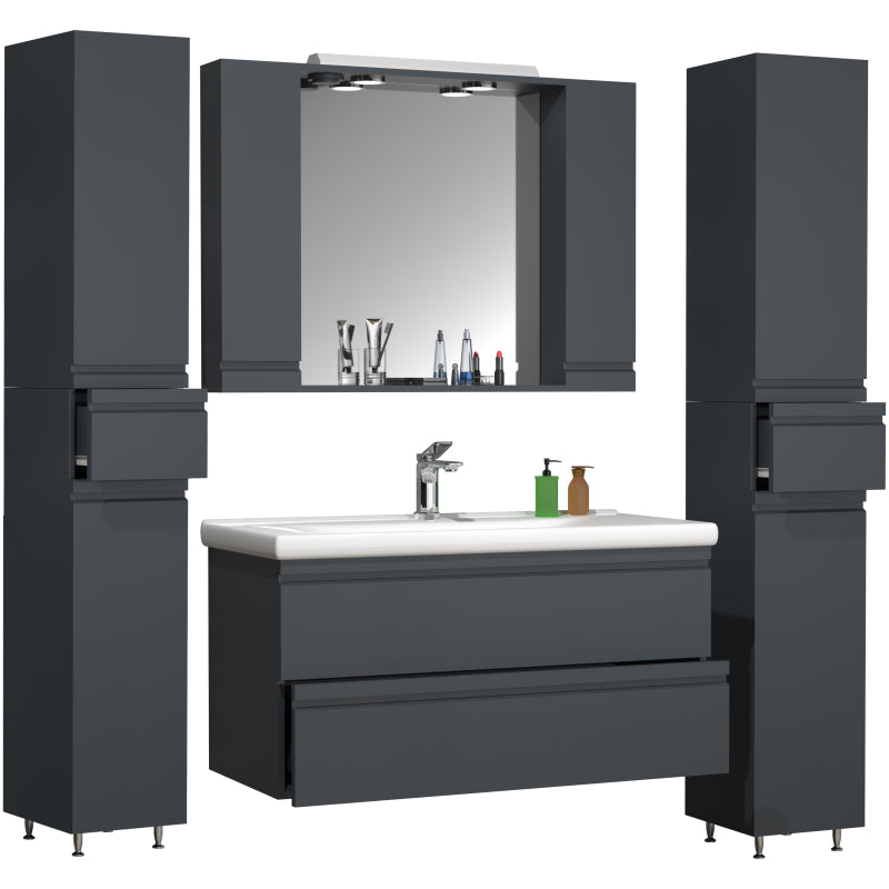 Sistema di Ezooza Set Bagno Completo 5 Pezzi Mobile con Lavabo Extra Large + 2 Colonne + Pensile a specchio, Antracite ,