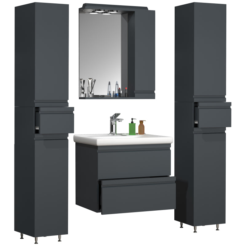 Sistema di Ezooza Set Bagno Completo 5 Pezzi Mobile con Lavabo Large + 2 Colonne + Pensile a specchio, Antracite ,
