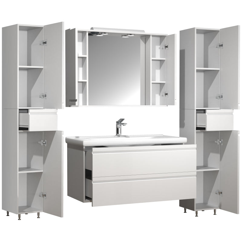 Sistema di Ezooza Set Bagno Completo 5 Pezzi Mobile con Lavabo Extra Large + 2 Colonne + Pensile a specchio, Bianco ,