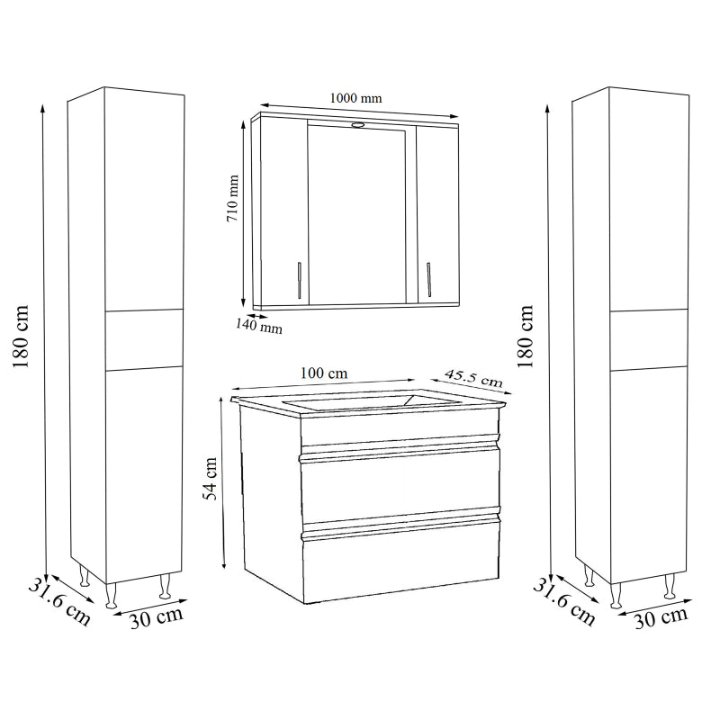 Sistema di Ezooza Set Bagno Completo 5 Pezzi Mobile con Lavabo Extra Large + 2 Colonne + Pensile a specchio, Bianco ,