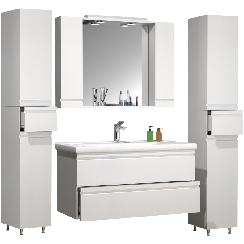 Sistema di Ezooza Set Bagno Completo 5 Pezzi Mobile con Lavabo Extra Large + 2 Colonne + Pensile a specchio, Bianco ,