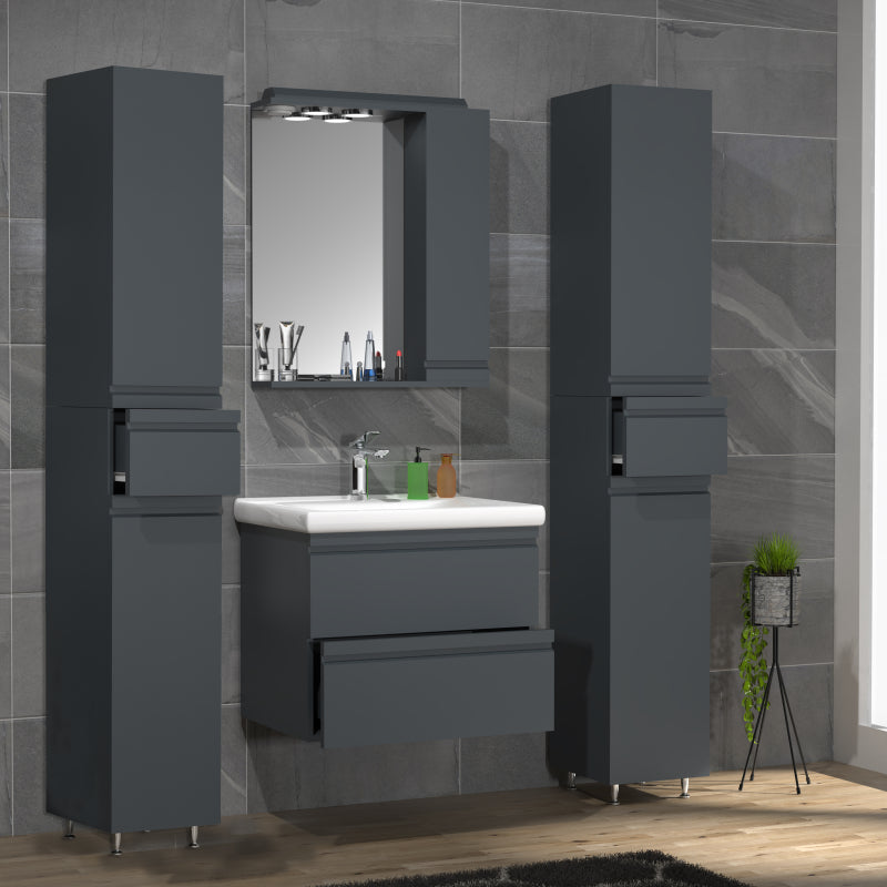 Sistema di Ezooza Set Bagno Completo 5 Pezzi Mobile con Lavabo Large + 2 Colonne + Pensile a specchio, Antracite ,