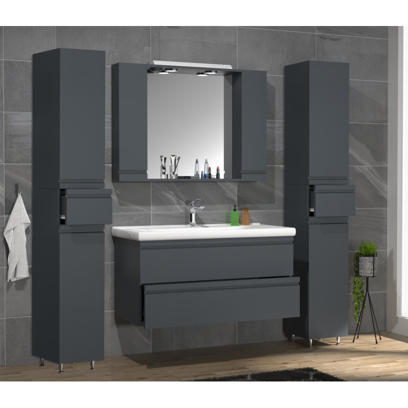 Sistema di Ezooza Set Bagno Completo 5 Pezzi Mobile con Lavabo Extra Large + 2 Colonne + Pensile a specchio, Antracite ,