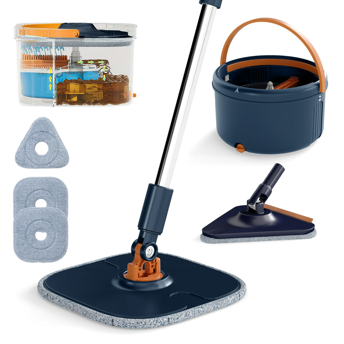 Sistema con mocio piatto e secchio con 2 testine e 3 panni in microfibra-Set mocio e secchio con strizzatore per pavimenti bagnati e asciutti Blu