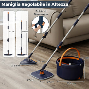 Sistema con mocio piatto e secchio con 2 testine e 3 panni in microfibra-Set mocio e secchio con strizzatore per pavimenti bagnati e asciutti Blu