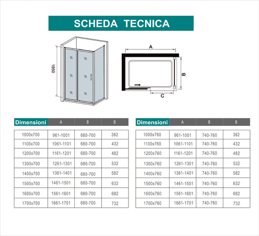 185 cm Box Doccia Angolare Porta Scorrevole con Parete Fissa Vetro Temperato 5 mm Trasparente Telaio Cromato Lucido 130x76 cm