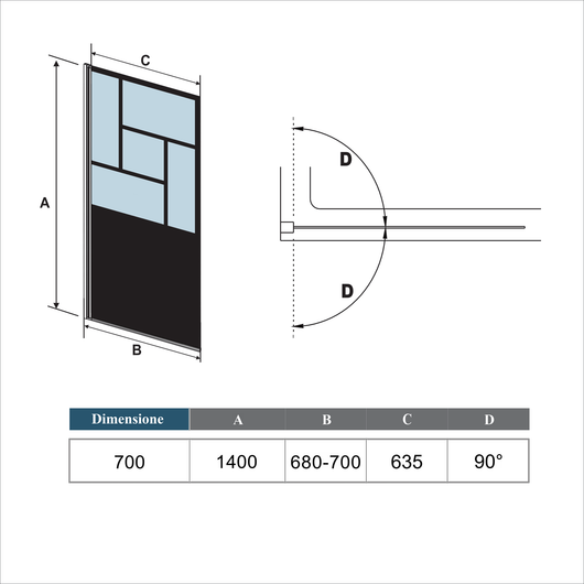 Parete Vasca Doccia 70xh.140cm Sopravasca Pannello Girevole in Vetro Temperato 4 mm Semitrasparente Riquadri Neri Serigrafato