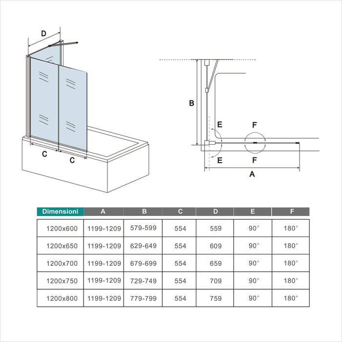 120x140cm Parete Doccia Sopravasca Angolare 2 Ante Pieghevoli Vetro 4 mm con Parete Laterale 80cm Vetro Temperato 6 mm Trasparente Telai Cromi Lucidi
