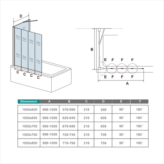 100x140cm Parete Doccia Sopravasca Angolare 4 Ante Pieghevoli Vetro 4 mm con Parete Laterale 75cm Vetro Temperato 6 mm Trasparente Telai Cromi Lucidi